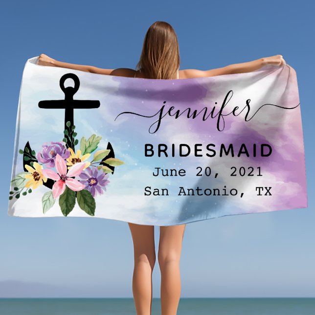 Serviette De Plage Cadeau de Demoiselle d'Honneur pour une Fête de Fi (Floral Anchor Bachelorette Party Bridesmaid Gift Beach Towel)