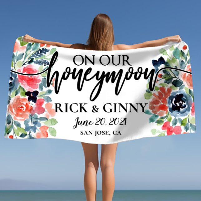 Serviette De Plage Cadeaux de Mariage Personnalisés Floral Chic Prépa (Preppy Chic Floral Honeymoon Gifts Personalized Beach Towel
)