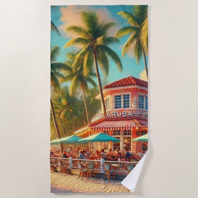Serviette De Plage Café Tropical à l'aquarelle de plage  (Devant)
