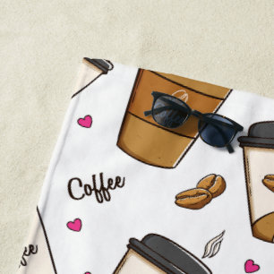 Serviette De Plage Cafés, Fèves de café, Amateur de café, Coeurs