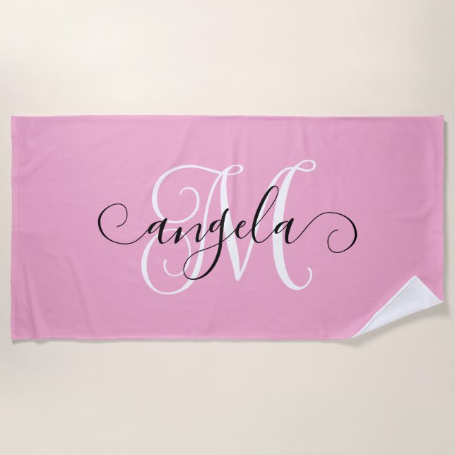 Serviette De Plage Calligraphie de fille Monogramme rose clair (Devant)
