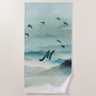Serviette De Plage Calme Monogramme Nature Aquarelle paysage de monta