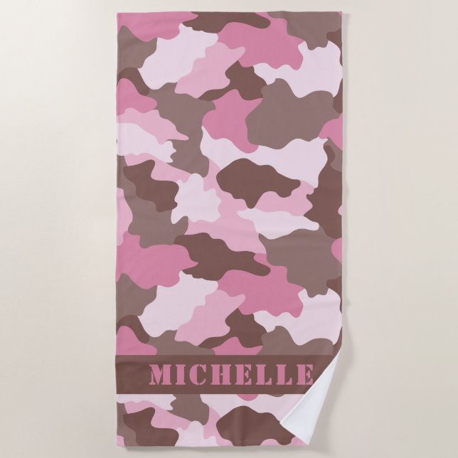 Serviette De Plage Camouflage rose Monogramme (Devant)