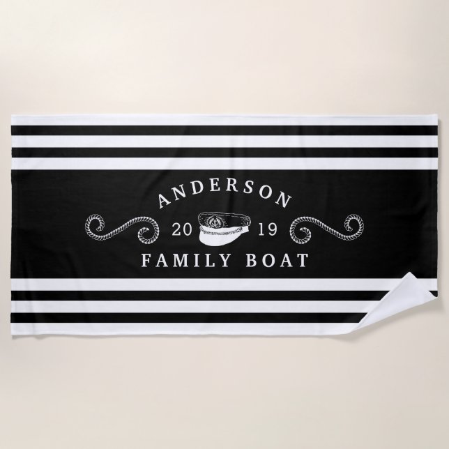 Serviette De Plage Capitaine de bateau de famille nautique noir et bl (Devant)