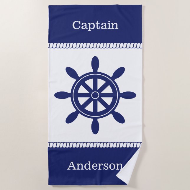 Serviette De Plage Captain's Wheel Nautical Rope Ajouter un nom (Devant)