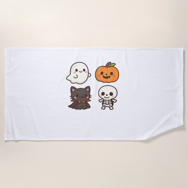 Serviette De Plage Caractères d'Halloween - Fantôme, Citrouille, Chat (Devant)