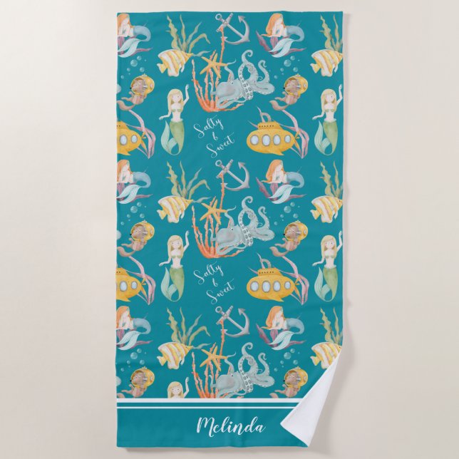Serviette De Plage Caractères océaniques de sirène salée et douce (Devant)