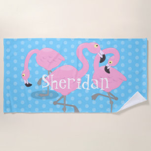 Serviette De Plage Caricature bleu trio flamand rose mou
