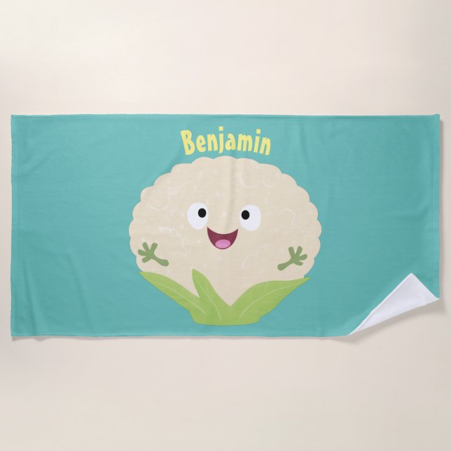 Serviette De Plage Caricature de légume de chou-fleur joyeux (Devant)