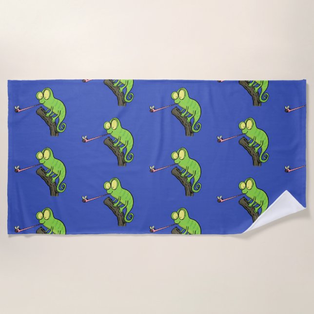 Serviette De Plage Caricature de lézard de caméléon vert joyeux (Devant)