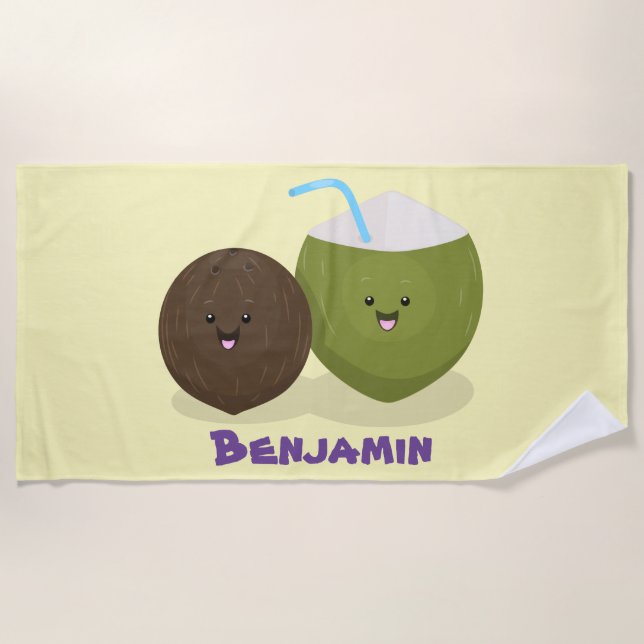 Serviette De Plage Caricature de noix de coco kawaii joyeux (Devant)