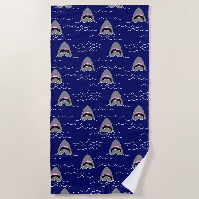 Serviette De Plage Caricature Grand requin blanc Ocean Waves Surfer (Devant)