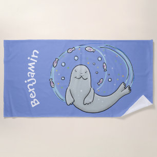 Serviette De Plage Caricature joyeux de phoque et de poisson bleu