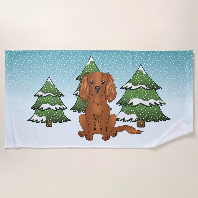Serviette De Plage Carlin Cavalier King Charles Spaniel Ruby en Hiver (Devant)
