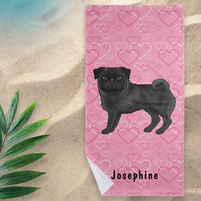Serviette De Plage Carlin noir Mops et coeurs roses avec nom (Créateur téléchargé)