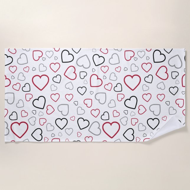 Serviette De Plage Carmin Red Grey Happy Hearts motif (Devant)