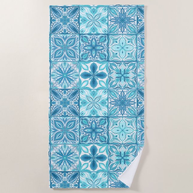 Serviette De Plage Carreaux décorés en bleu et blanc (Devant)