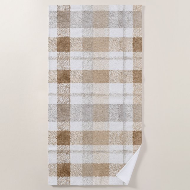 Serviette De Plage Carreaux rayés gris marron crème (Devant)