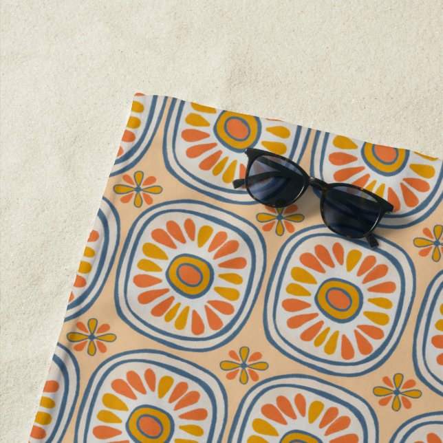 Serviette De Plage Carrelage Daisy Retro Motif Bleu Orange (En situation)