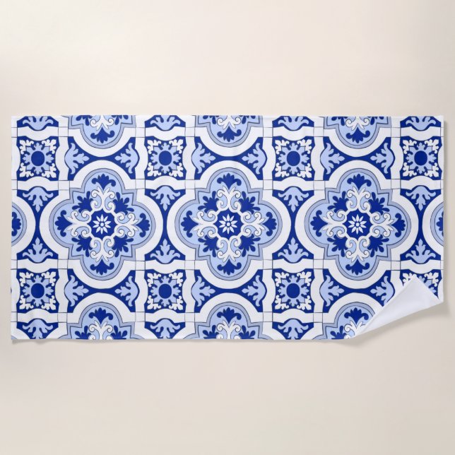 Serviette De Plage Carrelage italien, majolica, bleu et blanc motif   (Devant)