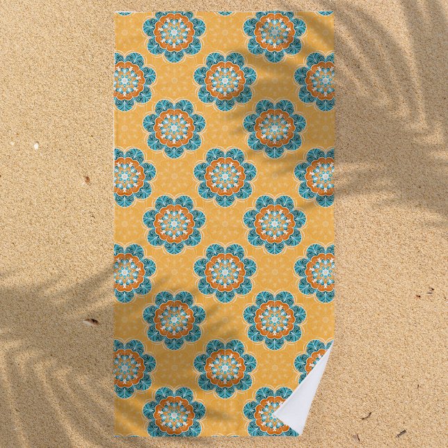 Serviette De Plage Carrelage Mandala floral en Orange et Turquoise (Créateur téléchargé)