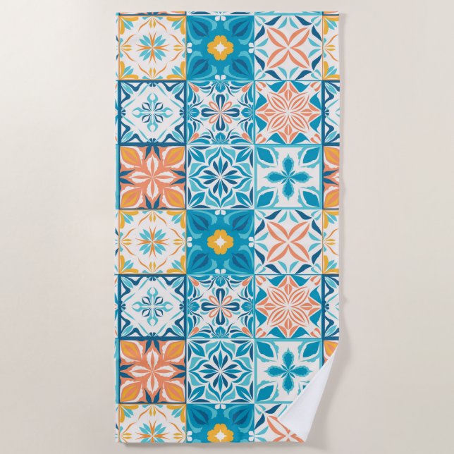 Serviette De Plage Carrelage orange et bleu (Devant)