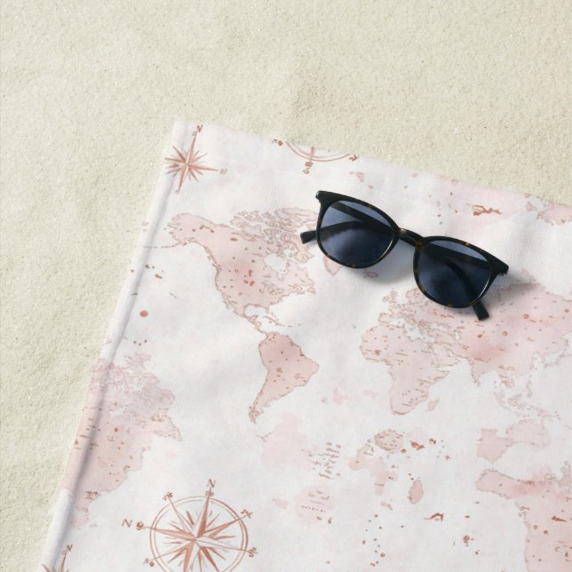 Serviette De Plage Carte du monde rose (En situation)