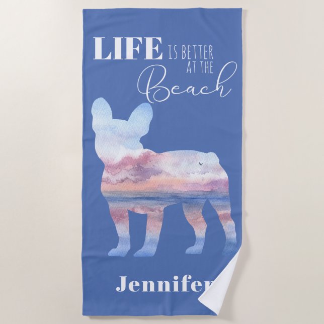 Serviette De Plage Carte Frenchie Beach Scène Silhouette Beach Servie (Devant)