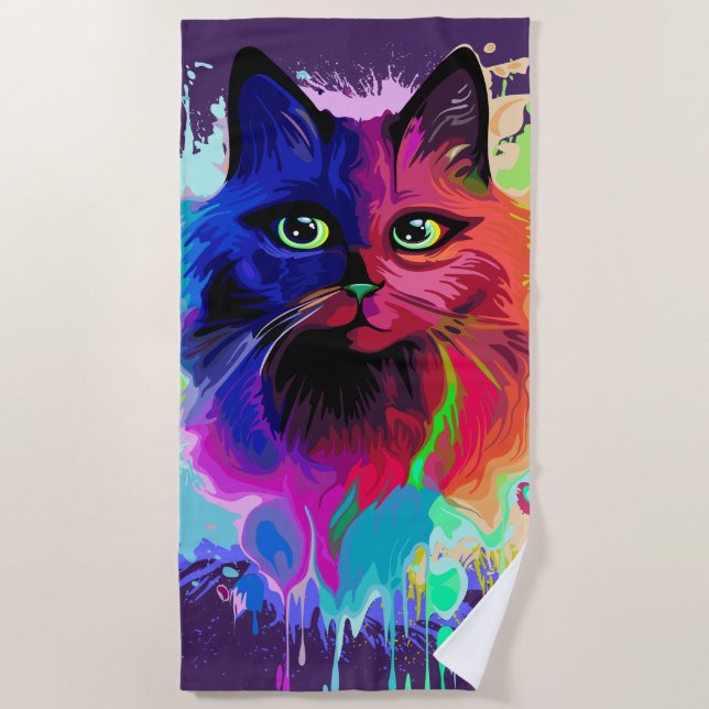 Serviette De Plage Cat Trippy Psychedelic Pop Art (Devant)