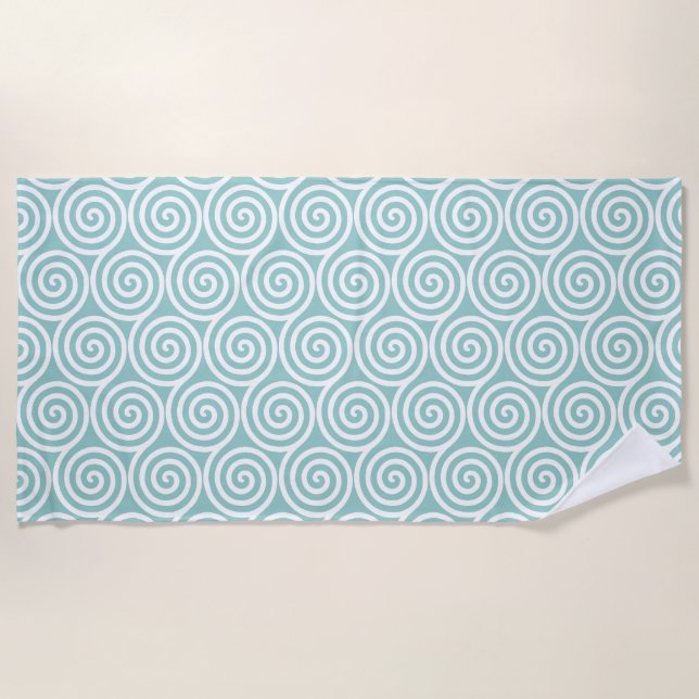Serviette De Plage Cercles en spirale abstraits en bleu clair et blan (Devant)