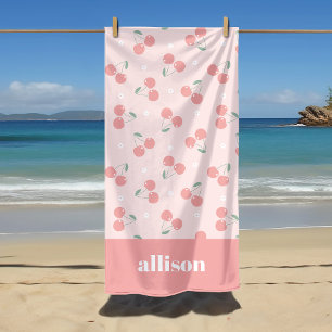 Serviette De Plage Cerises roses Retro Nom personnalisé Monogramme