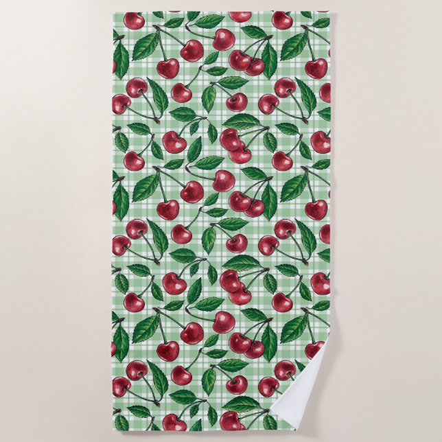 Serviette De Plage Cerises rouges sur en vichy vert clair (Devant)