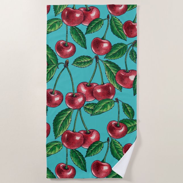 Serviette De Plage Cerises rouges sur turquoise (Devant)