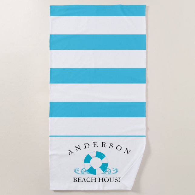 Serviette De Plage Chambre de plage personnalisée de rayure bleue (Devant)