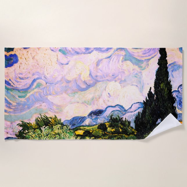 Serviette De Plage Champ de blé avec cyprès de Vincent Van Gogh (Devant)