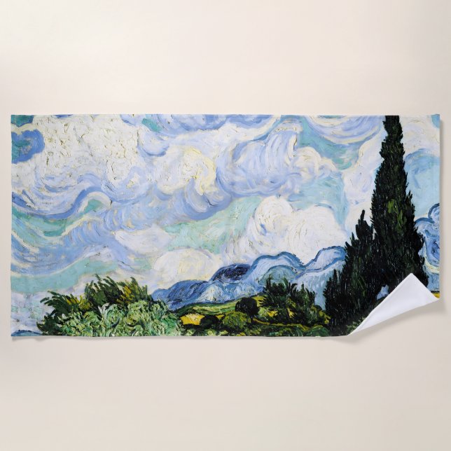 Serviette De Plage Champ de blé Vincent Van Gogh avec Cyprès (Devant)