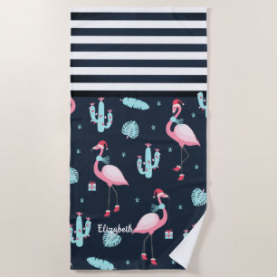 Serviette De Plage Chapeau de Père Noël Flamant Rose Rayures Bleu Mar