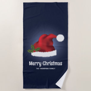Serviette De Plage Chapeau Festif Rouge Sur Bleu Avec Texte Personnal