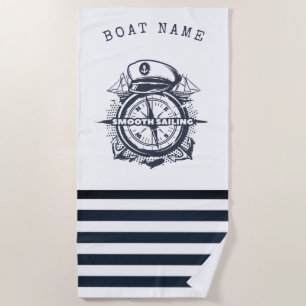Serviette De Plage Chapeau Marin, Ancre, Roue Bleu Marine Rayé   