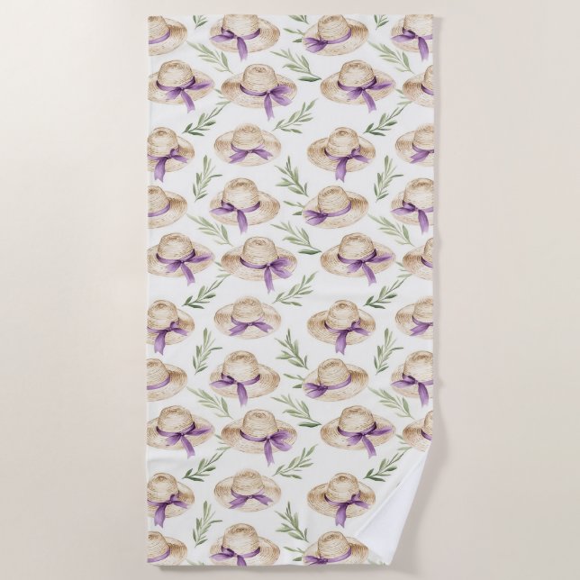 Serviette De Plage Chapeaux Crème Rubans Violets Anniversaire (Devant)