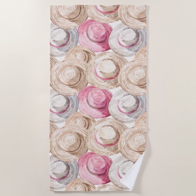 Serviette De Plage Chapeaux de paille blancs crème rose (Devant)