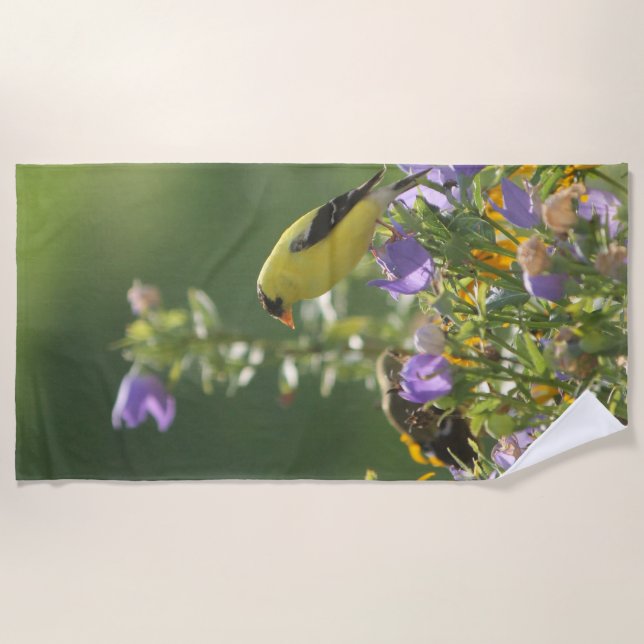 Serviette De Plage Chardonneret sur une fleur de campanule      (Devant)