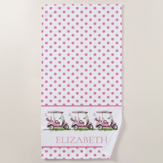 Serviette De Plage Chariots de golf Preppy Rose sur Pois personnalisé (Devant)