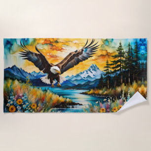 Serviette De Plage Chasse à l'aigle à tête blanche en fleur sauvage