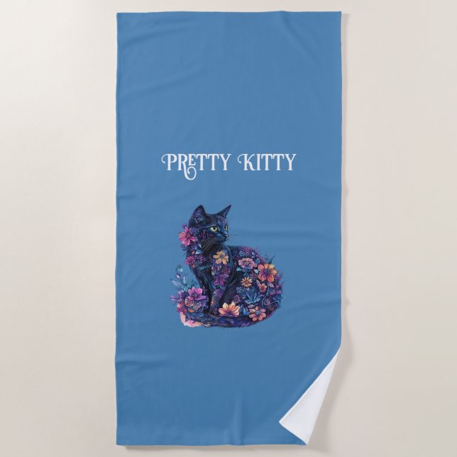 Serviette De Plage Chat bleu noir Fleurs Joli Minou (Devant)