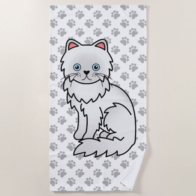 Serviette De Plage Chat de dessin animé mignon persan blanc & pattes (Devant)