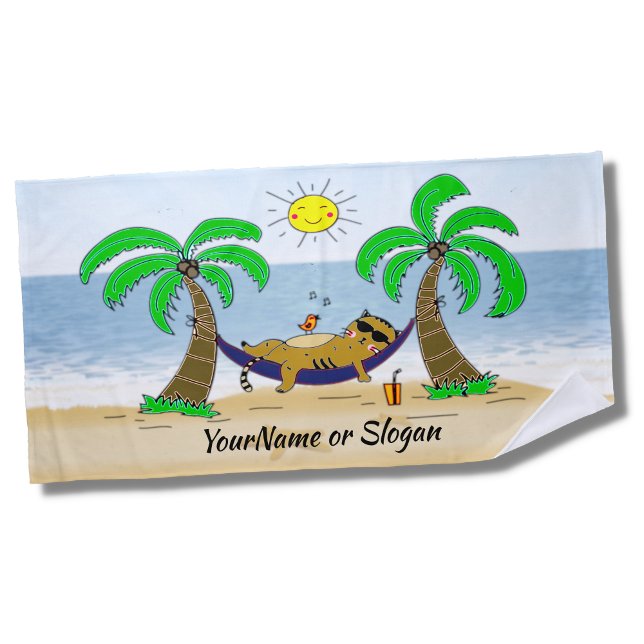 Serviette De Plage Chat de gingembre sur Hammock avec palmiers Sable  (Créateur téléchargé)