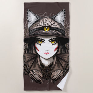 Serviette De Plage Chat de sorcière Halloween Déplaisant Portrait mig