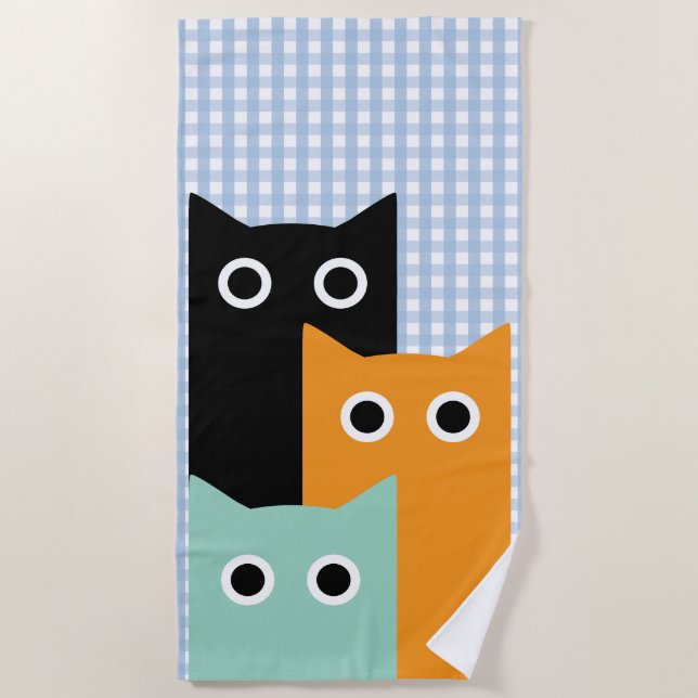 Serviette De Plage Chat Drôle, Gingham Bleu (Devant)
