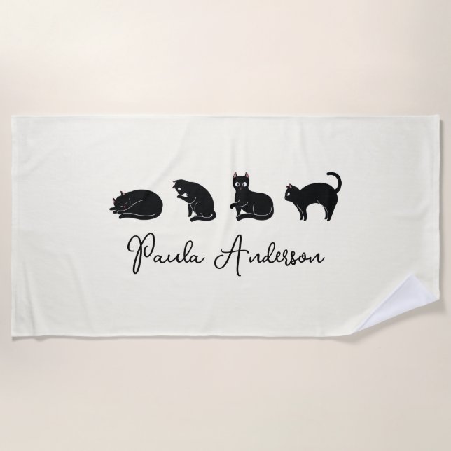 Serviette De Plage Chat noir drôle mignon personnalisable (Devant)